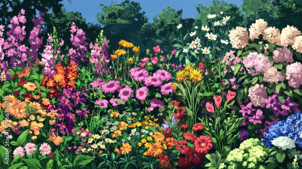 Obraz premium PNG file of a detailed garden scene featuring a wide variety of colorful flowers