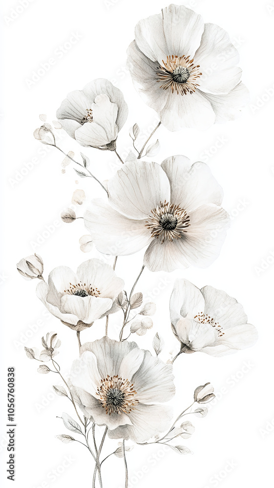 Elegant white flowers with delicate petals and intricate details create serene botanical composition, perfect for enhancing any space with touch of nature beauty Elegant white flowers with delicate petals and intricate details create serene botanical composition, perfect for enhancing any space with touch of nature beauty