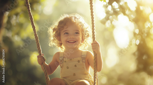 Smiling child sitting on a swing sunlig photo