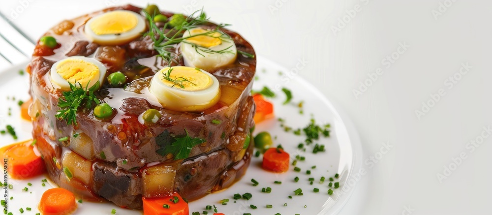 Aspic Of Beef With Eggs And Vegetables Isolated On White Background Aspic Of Beef With Eggs And Vegetables Isolated On White Background