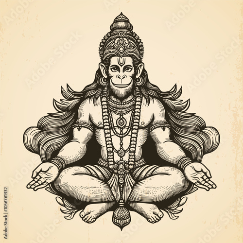 illustration of Lord Hanumani in vintage style. Hand drawn Hindu God isolated background