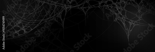 Delicate white spider web structure on dark backdrop. Tricky insect network with thin threads interconnecting at various points pattern. Realistic spooky border with natural cobweb stretches.