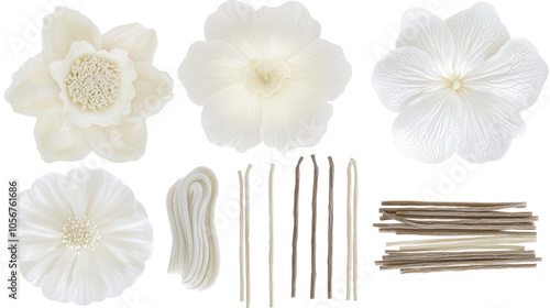 White Vanilla Flowers and Sticks on a Transparent Background Generative AI
