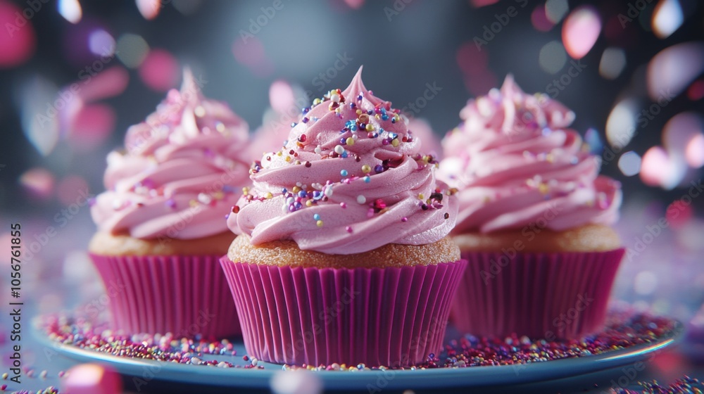 Delightful Pink Cupcakes with Sprinkles on a Blue Plate, Surrounded by Sparkling Confetti, A Whimsical Treat for Any Celebration Delightful Pink Cupcakes with Sprinkles on a Blue Plate, Surrounded by Sparkling Confetti, A Whimsical Treat for Any Celebration