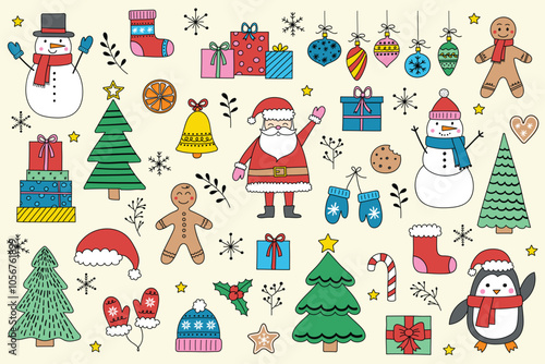 Christmas ornament design set. Hand drawn X-Mas elements: Santa Claus, tree, snowman, cookie, present. Clipart design. Vector illustration