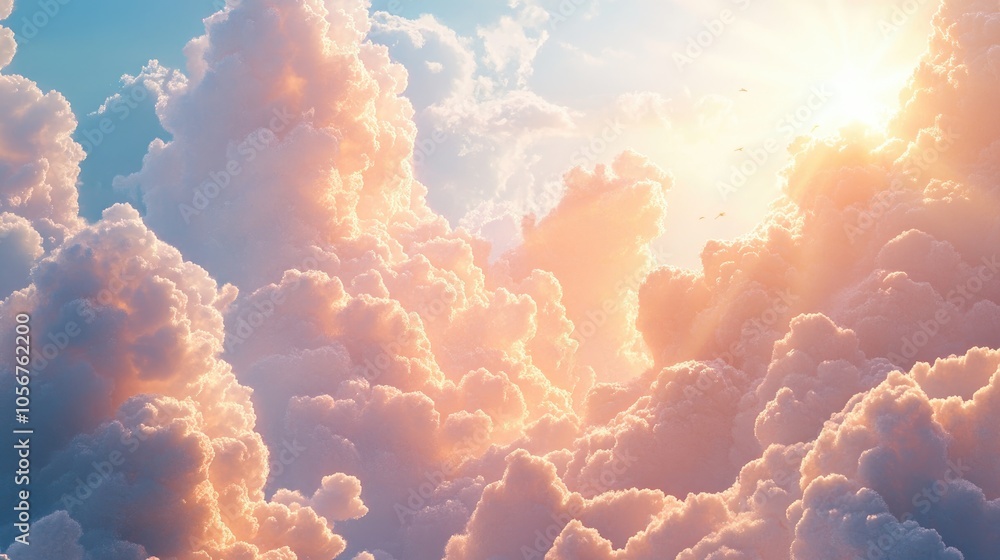 Gentle sunlight shines through fluffy clouds in the sky Gentle sunlight shines through fluffy clouds in the sky