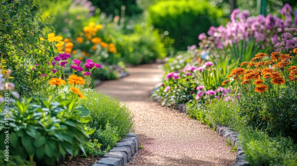 Serene garden path with a stunning display of seasonal flowers, Serene garden path with a stunning display of seasonal flowers,