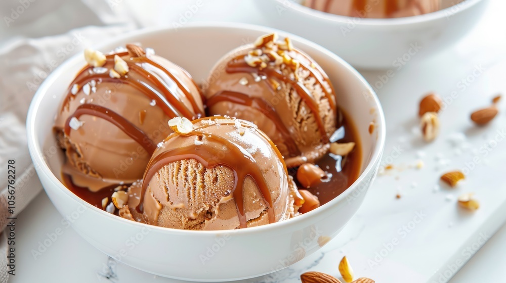 Nutty gelato scoops in a bowl with caramel sauce on white kitchen background Nutty gelato scoops in a bowl with caramel sauce on white kitchen background