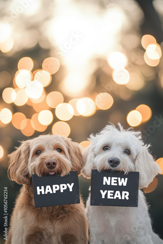 two happy dogs celebrating new year with signs indoors photo