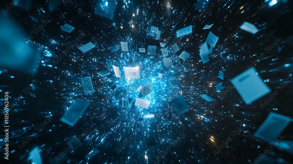 A dark background with glowing blue data particle, Background data papers particles A dark background with glowing blue data particle, Background data papers particles