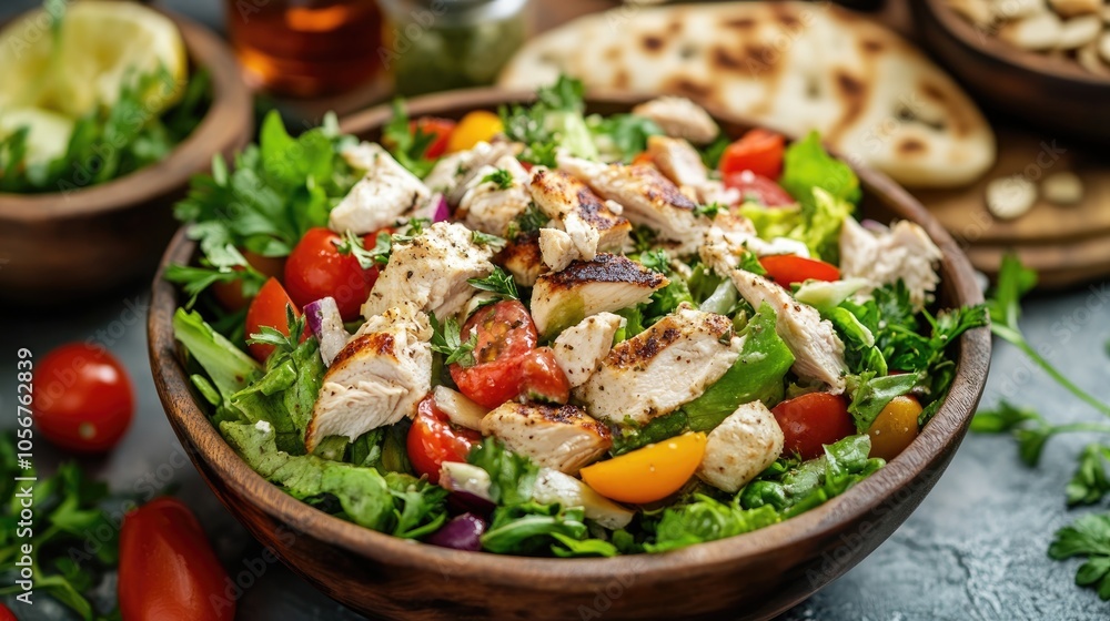 Tasty chicken salad accompanied by fresh vegetables and naan bread Tasty chicken salad accompanied by fresh vegetables and naan bread