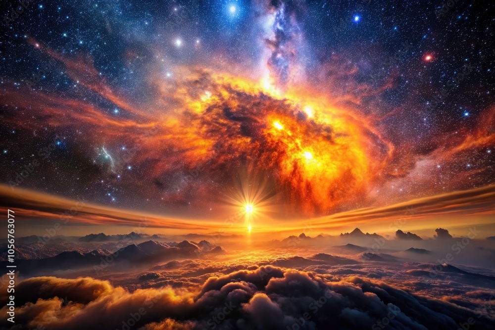 Obraz premium Cosmic Firestorm: Dramatic Orange Nebula with Bright Stars in Space - Stunning Drone Photography of Celestial Phenomena, Universe Exploration, and Astronomical Wonders