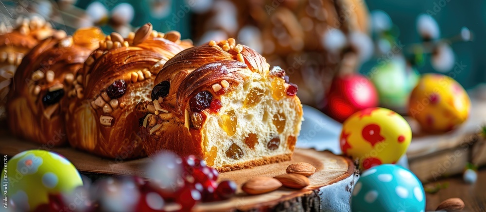 Craffin Cruffin With Raisins Nuts And Candied Fruits Easter Bread Kulich And Painted Eggs Easter Holiday Close Up Craffin Cruffin With Raisins Nuts And Candied Fruits Easter Bread Kulich And Painted Eggs Easter Holiday Close Up