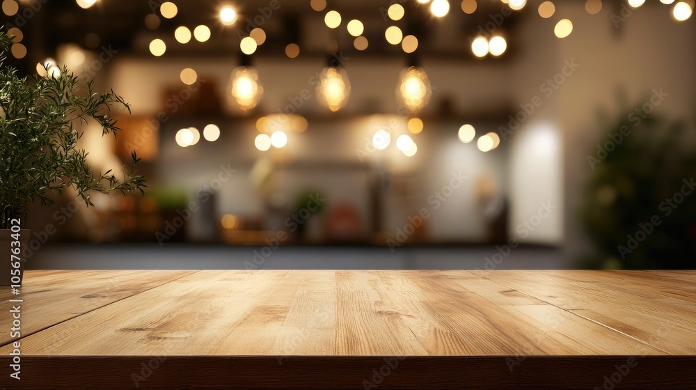 Wooden tabletop with bokeh lighting effect in a blurred kitchen setting High quality image Wooden tabletop with bokeh lighting effect in a blurred kitchen setting High quality image