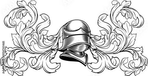 Coat of arms crest knight family medieval shield heraldry heraldic armorial motif. Featuring a knights helm helmet in a vintage etching engraving woodcut style