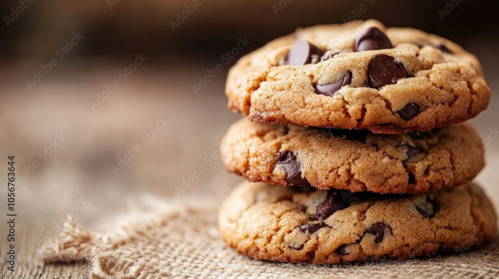 Close up of a stack of three chocolate chip cookies showcasing a delicious dessert and snack idea Close up of a stack of three chocolate chip cookies showcasing a delicious dessert and snack idea
