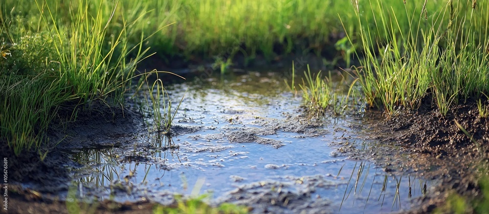 Tuft Of Grasses Growing In Shallow Muddy Puddles Of Fresh Rain Water In The Marsh Wetland Ecosystem Tuft Of Grasses Growing In Shallow Muddy Puddles Of Fresh Rain Water In The Marsh Wetland Ecosystem