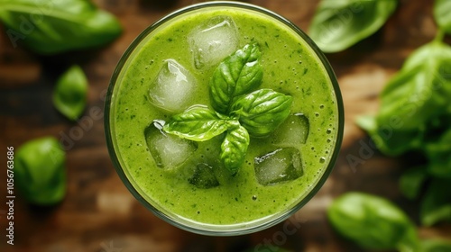 Aerial view of a refreshing green basil smoothie with ice cubes topped with fresh basil leaves