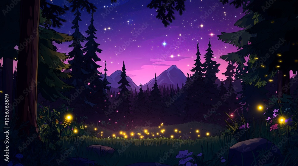 Fototapeta premium A magical nighttime forest scene with fireflies glowing among trees under a sky full of stars