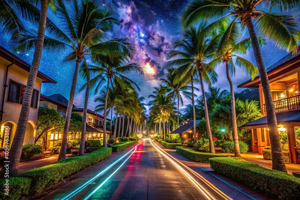 Naklejka premium Thailand Resort Corridor Long Exposure Photography - Night Lights and Movement