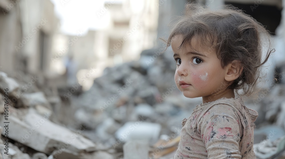 Child amidst ruins of a destroyed building in a conflict zone The impact of military conflict on innocent civilians Child amidst ruins of a destroyed building in a conflict zone The impact of military conflict on innocent civilians
