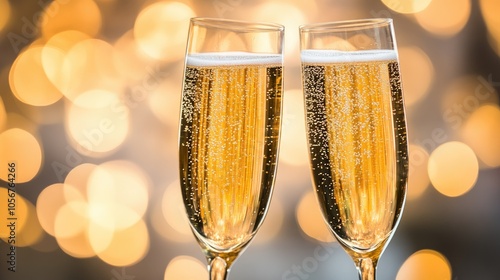 Two champagne flutes set against a lovely bokeh backdrop