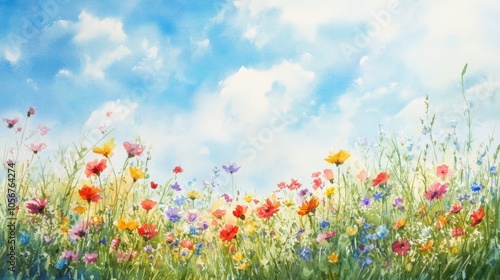 Watercolor painting of a vibrant field of wildflowers under a clear blue