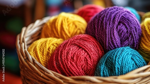 Close up of vibrant wool yarn bundles in a wooden basket highlighting a warm and inviting crafting theme photo