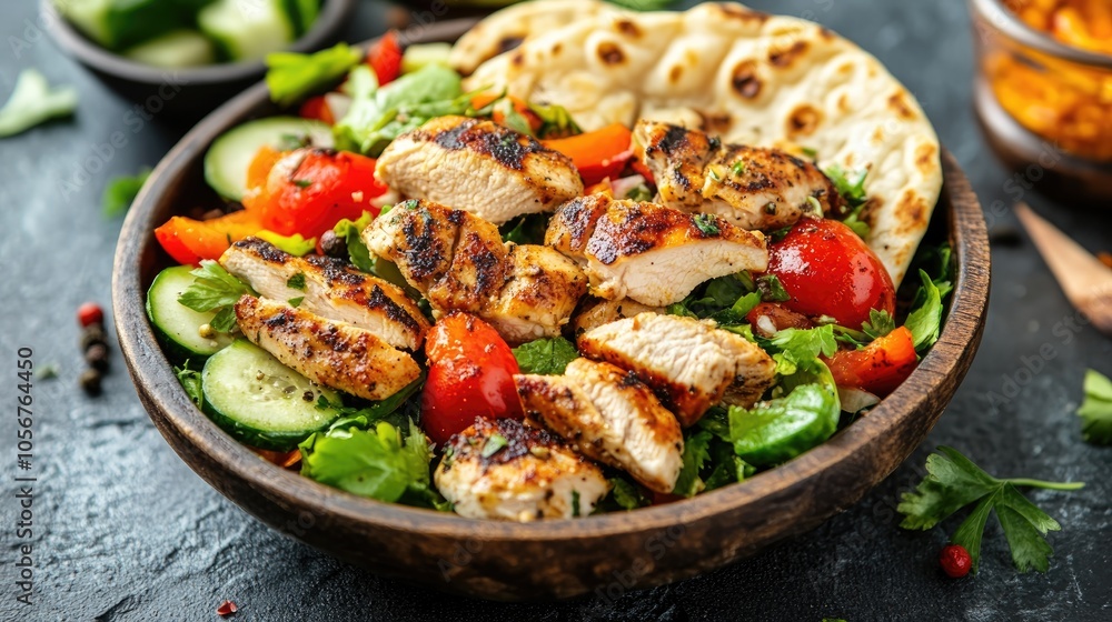 Tasty chicken salad accompanied by fresh vegetables and naan bread Tasty chicken salad accompanied by fresh vegetables and naan bread