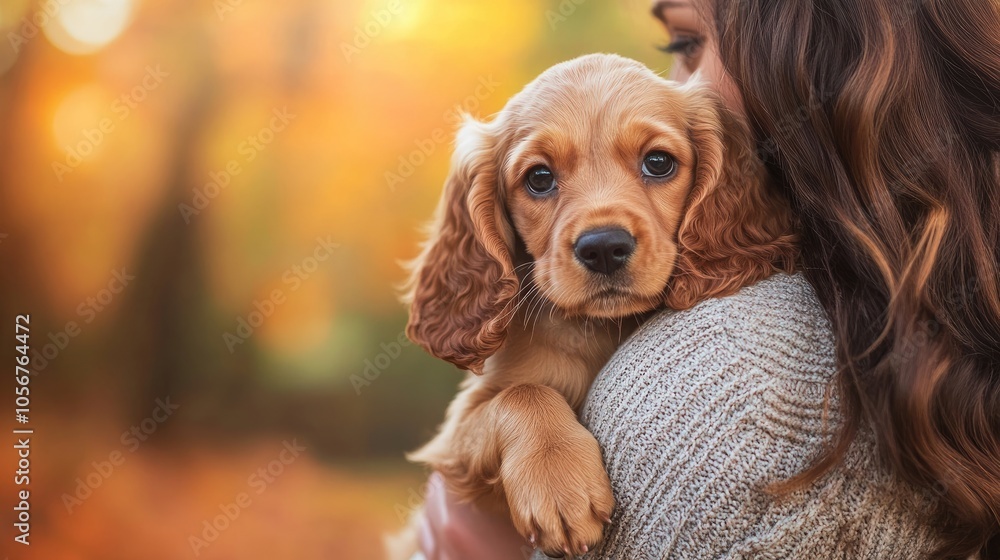 Adorable English cocker spaniel puppy being held by its owner in a charming autumn park setting Adorable English cocker spaniel puppy being held by its owner in a charming autumn park setting