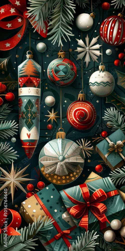 Naklejka premium A Christmas tree ornament with a star on it hangs from a tree. There are many other ornaments on the tree, including a large one that looks like a rocket ship