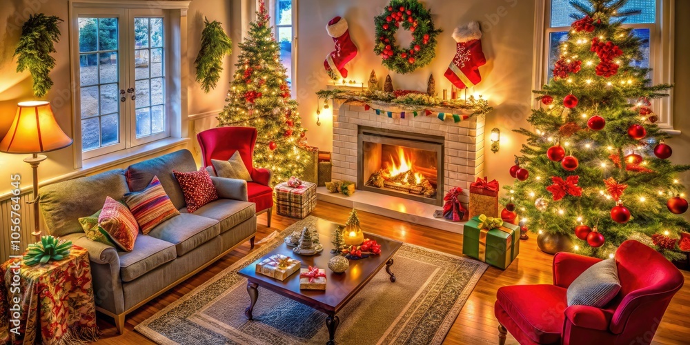 Cozy Christmas Living Room with Festive Fireplace, Stockings, and Holiday Decorations - Drone Photography of a Warm Winter Scene Cozy Christmas Living Room with Festive Fireplace, Stockings, and Holiday Decorations - Drone Photography of a Warm Winter Scene