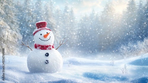 Joyful snowman in a winter landscape with ample copy space created using various tools