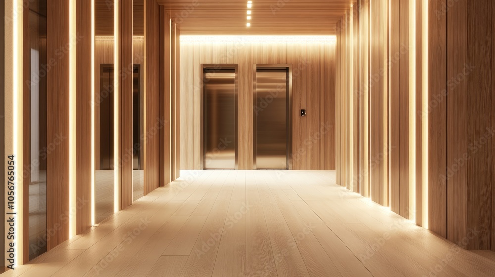 Fototapeta premium Wooden wall corridor in a hotel featuring elevator and glass doors High quality image