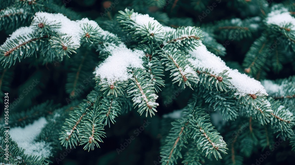 Snow covered Christmas tree branches close up creating a winter holiday backdrop Snow covered Christmas tree branches close up creating a winter holiday backdrop