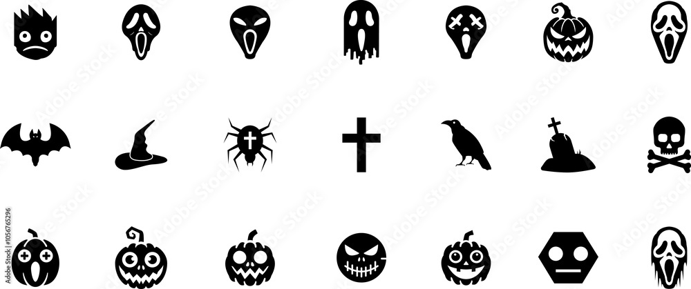 Horror Scary and Funny Faces for Halloween. Pumpkin Silhouette. Spooky Faces of Ghost Glyph Pictogram. Halloween Horror Emotions Icon, sign and symbols. Horror Scary and Funny Faces for Halloween. Pumpkin Silhouette. Spooky Faces of Ghost Glyph Pictogram. Halloween Horror Emotions Icon, sign and symbols.