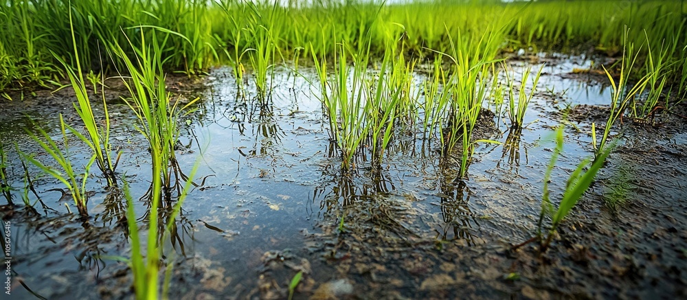 Tuft Of Grasses Growing In Shallow Muddy Puddles Of Fresh Rain Water In The Marsh Wetland Ecosystem Tuft Of Grasses Growing In Shallow Muddy Puddles Of Fresh Rain Water In The Marsh Wetland Ecosystem