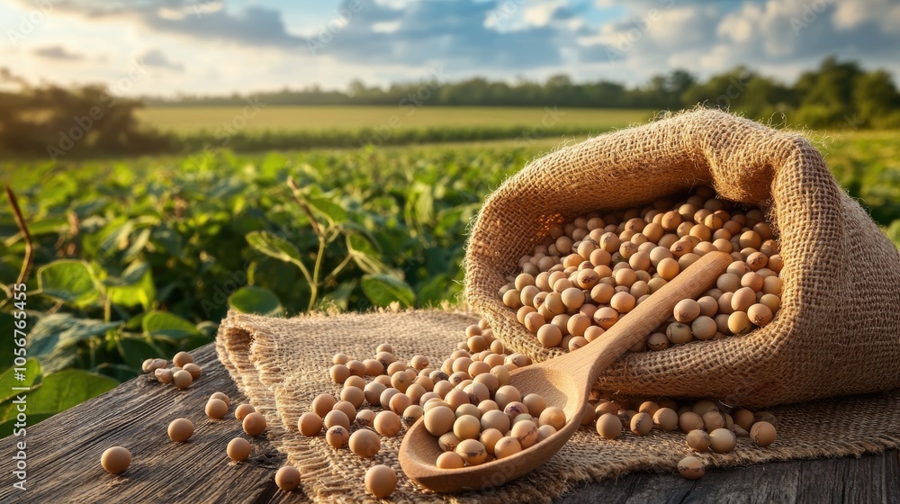 A burlap sack overflowing with soybeans rests on a wooden table accompanied by a wooden spoon nestled within with a soybean field visible in the background A burlap sack overflowing with soybeans rests on a wooden table accompanied by a wooden spoon nestled within with a soybean field visible in the background