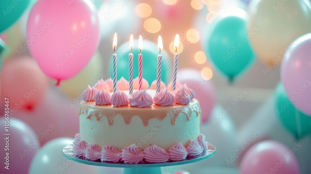 Birthday Cake with Candles and Balloons Birthday Cake with Candles and Balloons