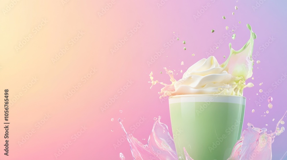 Studio banner featuring a levitating matcha latte with whipped milk or cream foam splashes against a pastel gradient background Studio banner featuring a levitating matcha latte with whipped milk or cream foam splashes against a pastel gradient background