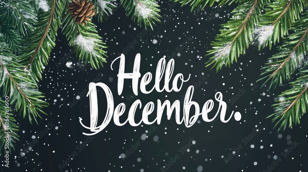 Festive winter scene featuring a snow laden green pine branch and the text Hello December A stylish dark themed design perfect for seasonal wallpaper Festive winter scene featuring a snow laden green pine branch and the text Hello December A stylish dark themed design perfect for seasonal wallpaper