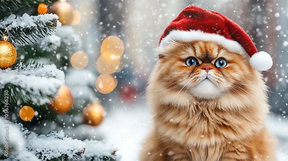 An adorable fluffy cat with mesmerizing blue eyes striking a pose next to a beautifully decorated Christmas tree in a snowy urban setting, created by cuttingedge generative AI technology. An adorable fluffy cat with mesmerizing blue eyes striking a pose next to a beautifully decorated Christmas tree in a snowy urban setting, created by cuttingedge generative AI technology.