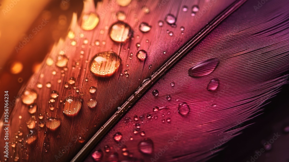 Fototapeta premium Close up of a feather with water droplets in shades of dark pink and light gold