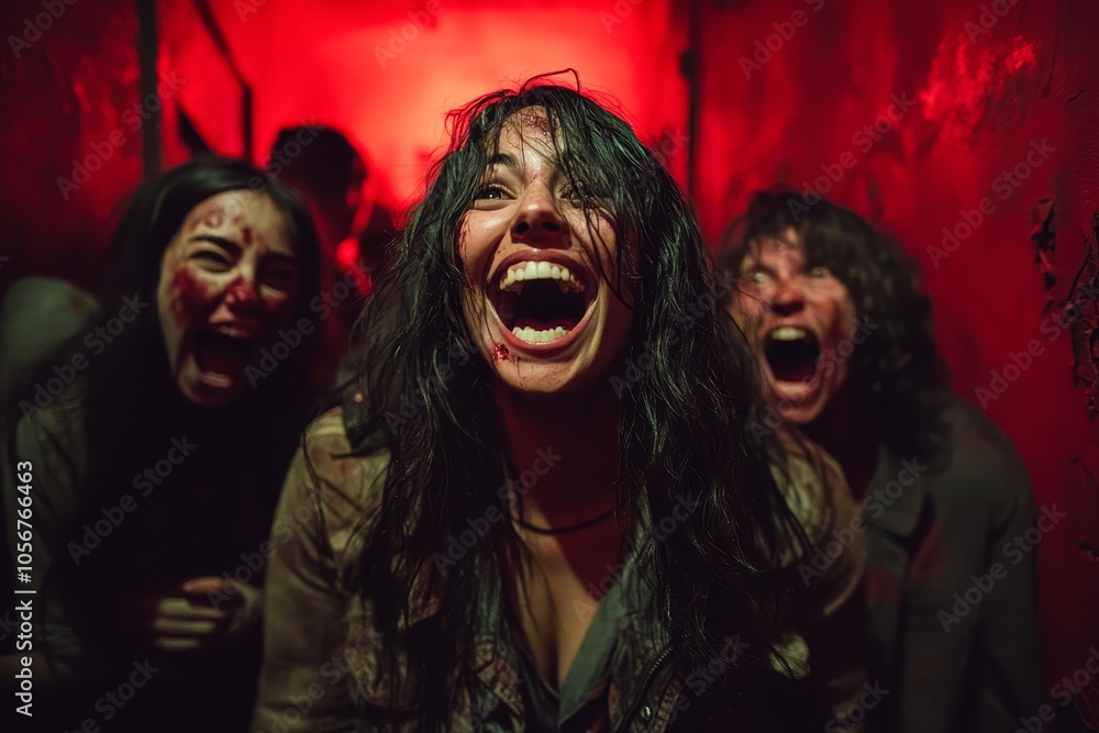 A group of screaming individuals in a dimly lit, red-toned corridor creates a chilling atmosphere, This image captures a sense of horror and intensity, suitable for film promotions, Halloween events A group of screaming individuals in a dimly lit, red-toned corridor creates a chilling atmosphere, This image captures a sense of horror and intensity, suitable for film promotions, Halloween events