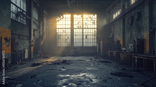 Abandoned industrial workshops within a defunct factory highlighting the impact of financial crisis and environmental pollution from industrial waste Suitable for a banner