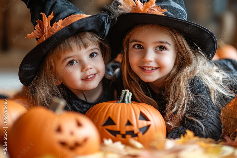 Two cheerful girls wearing witch hats pose with carved pumpkins surrounded by autumn leaves, This image is perfect for Halloween-themed decorations, children's party invitations Two cheerful girls wearing witch hats pose with carved pumpkins surrounded by autumn leaves, This image is perfect for Halloween-themed decorations, children's party invitations