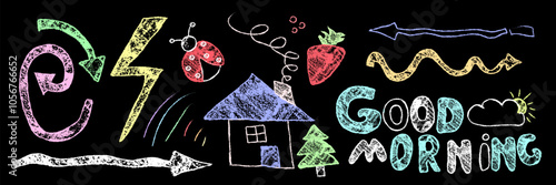 Colorful crayon style chalk children doodles drawings with various elements like arrows and ladybug, house with smoke and strawberry, good morning text and cloud, spruce tree on black background.