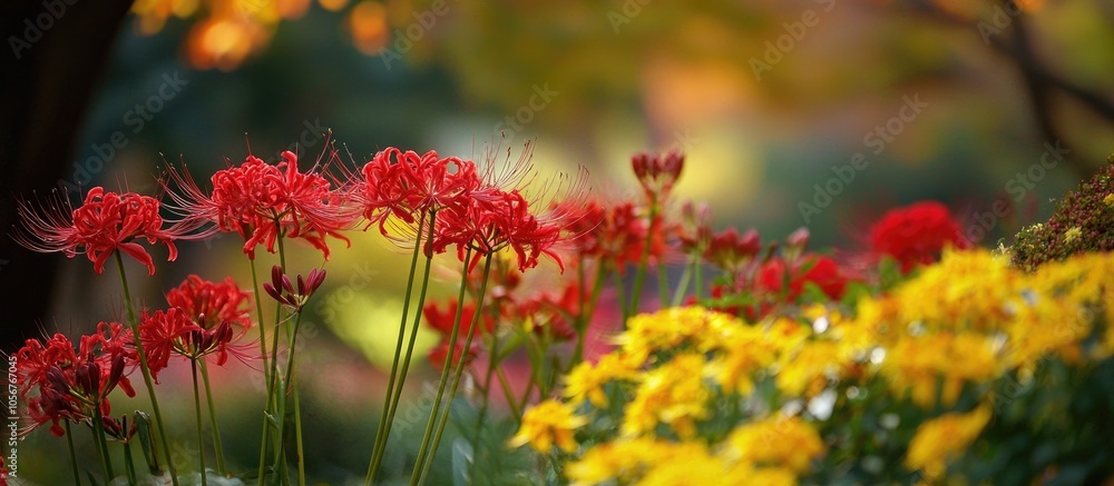 Flowers Of Red Spider Lily Anise Scented Sage And Golden Cosmos Blooming In A Japanese Park In Autumn Flowers Of Red Spider Lily Anise Scented Sage And Golden Cosmos Blooming In A Japanese Park In Autumn