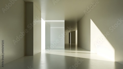 A large, empty room with a white wall and a white floor. The room is illuminated by sunlight coming in through a window