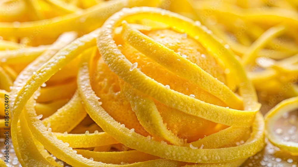 A vibrant symphony of yellow, citrus zest curls create a captivating abstract design, showcasing the delicate beauty of nature's artistry. A vibrant symphony of yellow, citrus zest curls create a captivating abstract design, showcasing the delicate beauty of nature's artistry.